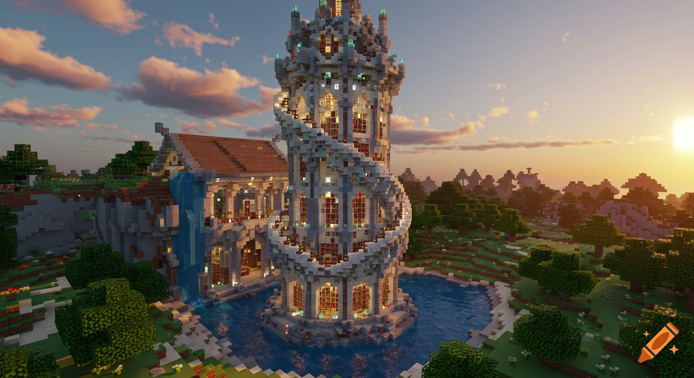 Ornate Minecraft tower and building with a waterfall next to a pond, surrounded by trees at sunset.