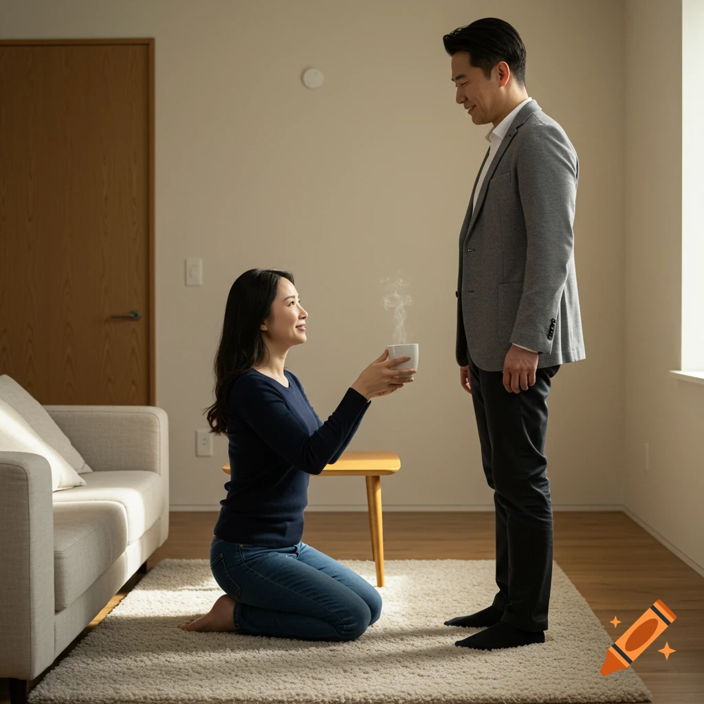 A woman kneeling on a rug, offering a steaming coffee cup to a standing man in a photorealistic indoor scene.