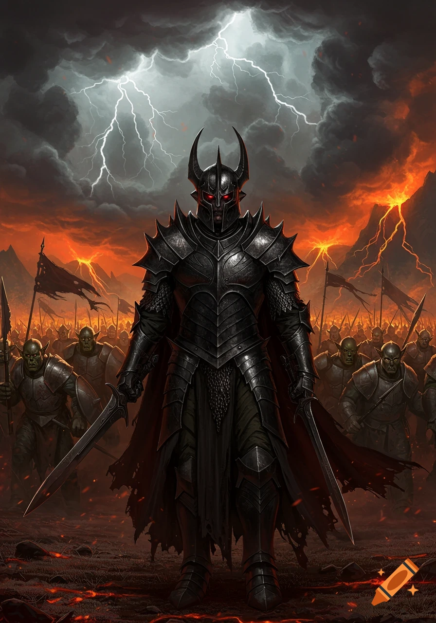 A dark lord in black armor leads an army of orcs under a lightning storm and volcanic sky in a dark fantasy style.