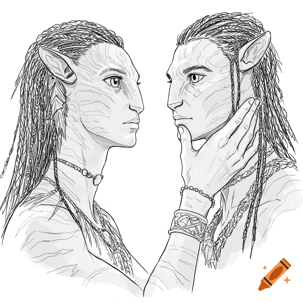 A black and white line art drawing of two Na'vi characters facing each other, with one gently touching the other's chin.