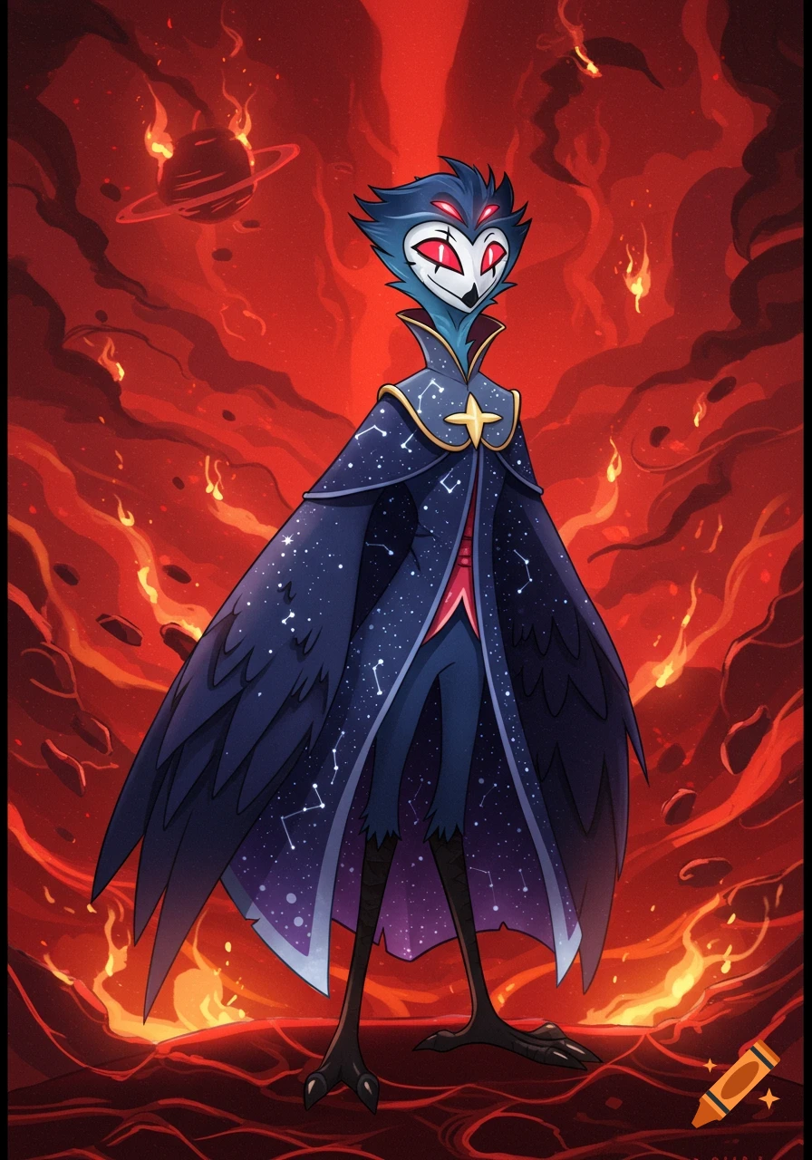 A tall, elegant owl-like demon character, Stolas, with red eyes and a starry blue cape, stands against a fiery red background with a burning planet.