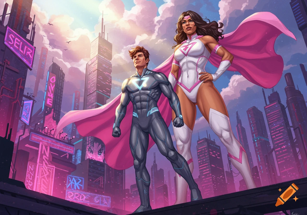 A male superhero in a gray suit and a female superhero in a white and pink bikini stand heroically on a rooftop overlooking a futuristic city.