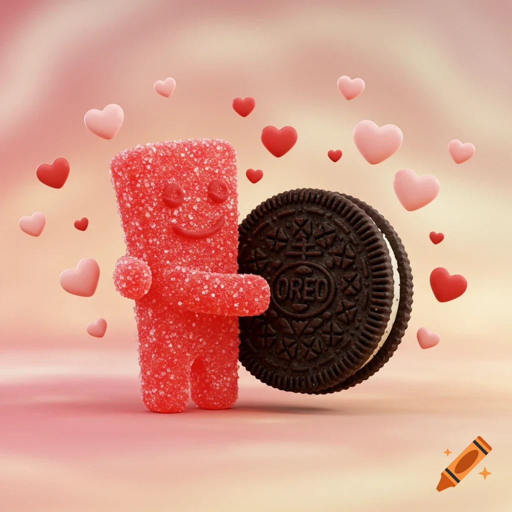 A cute red sour patch candy character with a smile hugs an Oreo cookie, surrounded by pink and red hearts, on a soft pink background.