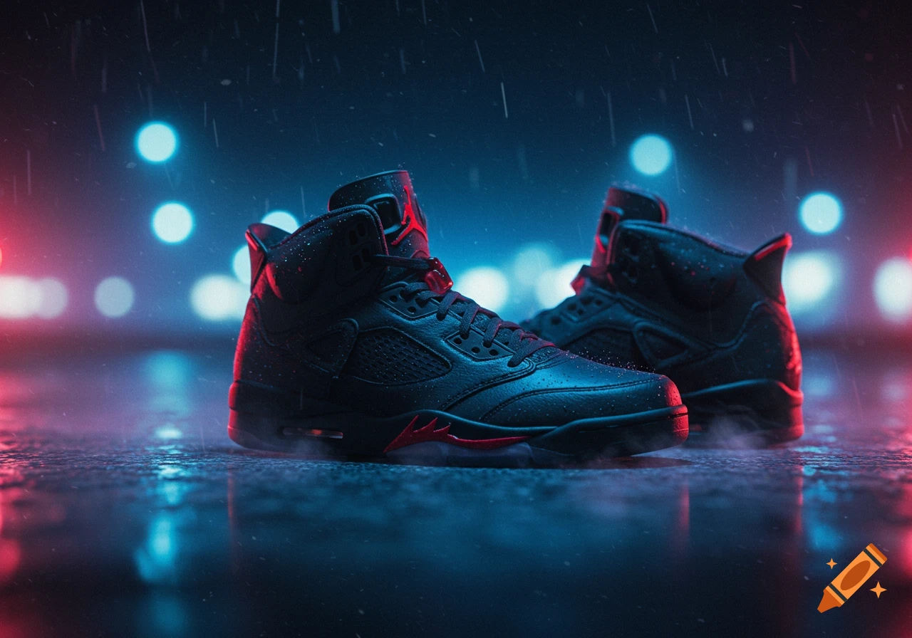 A pair of black and red Air Jordan sneakers on a wet surface with neon lights and rain, dark and atmospheric.