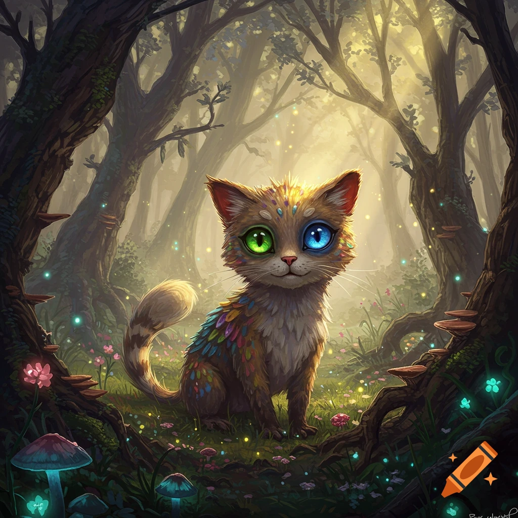 A whimsical cat with one green and one blue eye, and colorful markings, sits in a glowing, magical forest with fantastical plants.