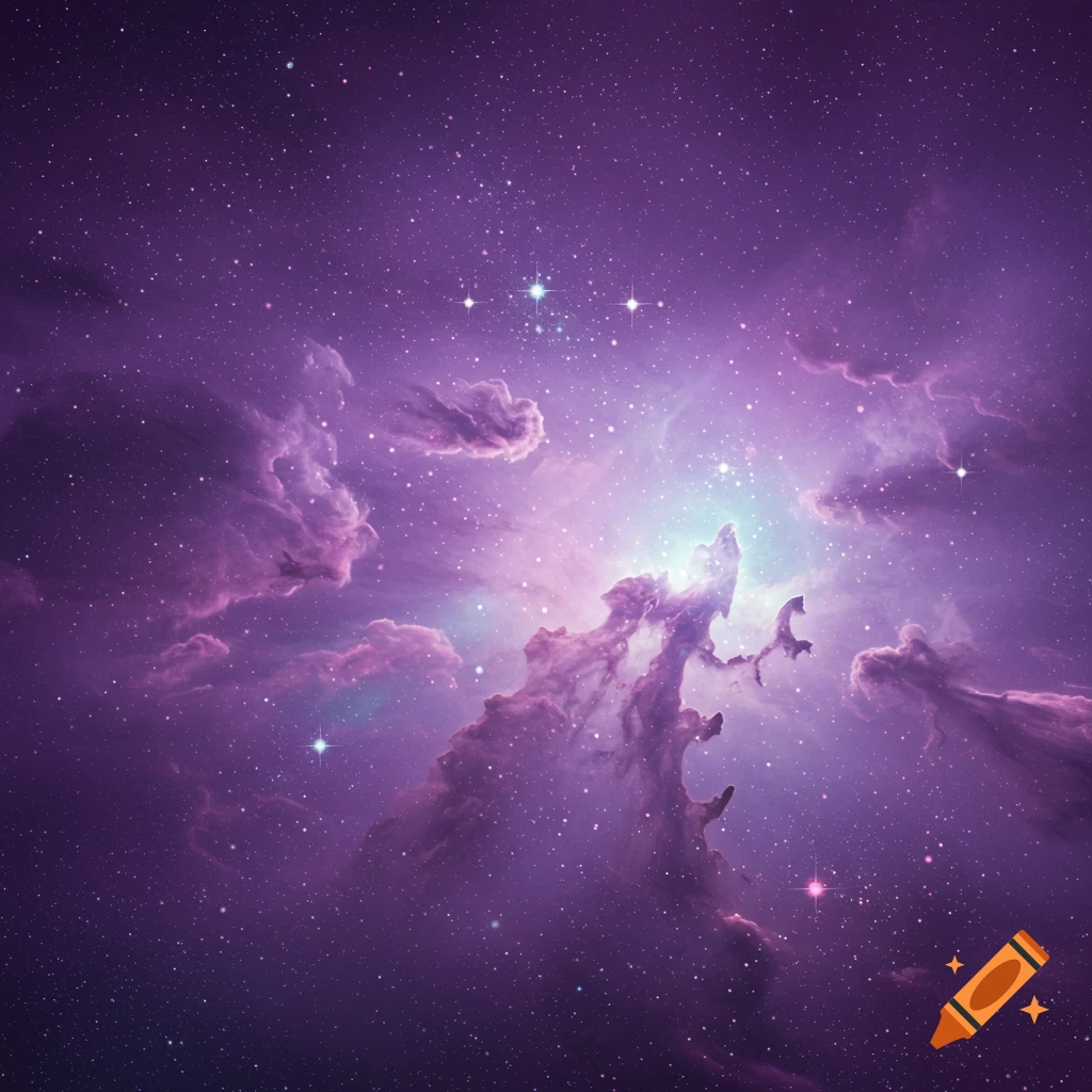 Vibrant purple nebula in deep space, filled with countless stars and a bright central glow.
