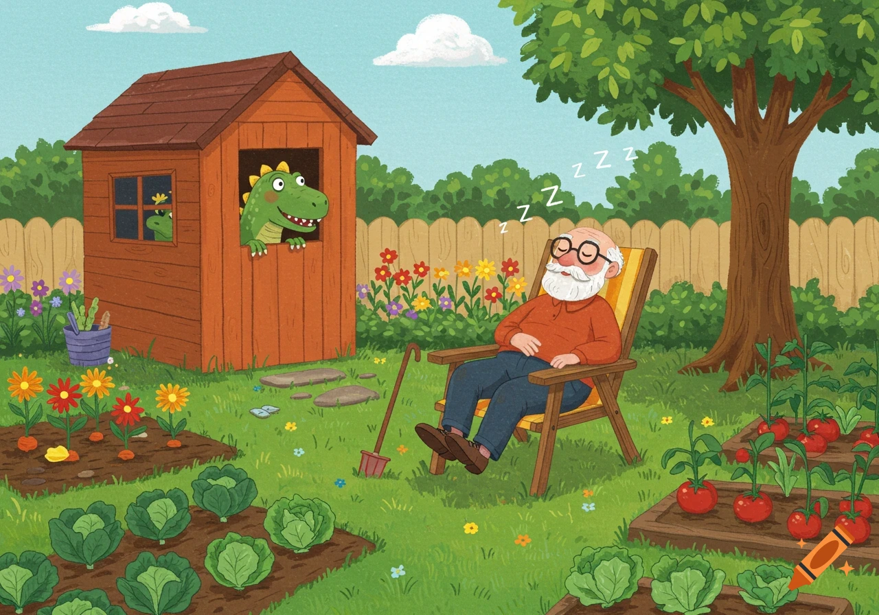 A whimsical children's illustration of an old man sleeping in a garden while a green dinosaur peeks from a shed window.