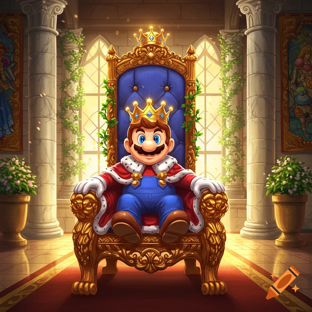 Mario, dressed in a royal robe and crown, sits on a golden throne in a grand castle chamber.