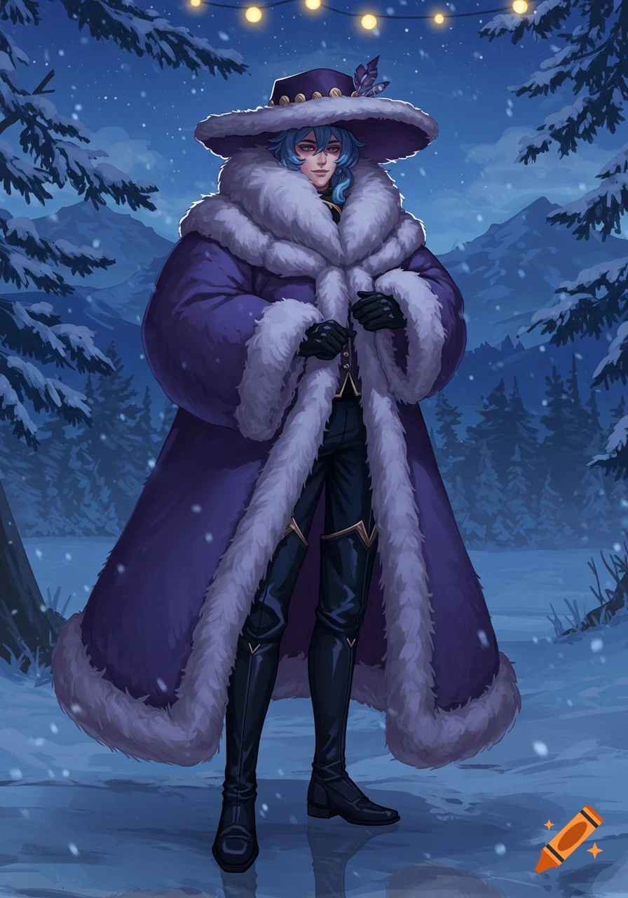 A character in a large purple fur coat and hat stands in a snowy forest at night with mountains in the background.