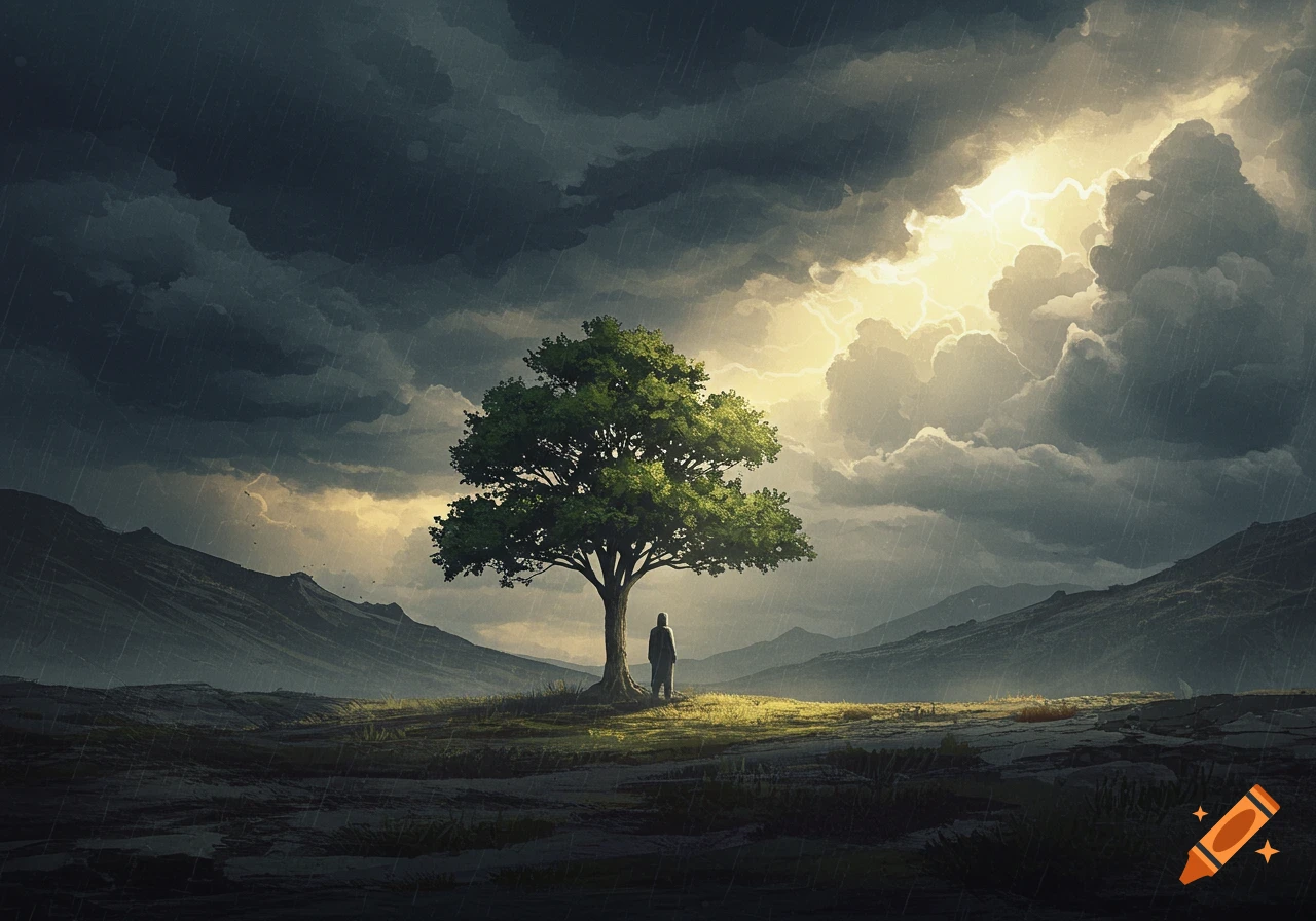 A lone figure stands under a tree in a stormy landscape, with bright light breaking through dark clouds and rain falling.