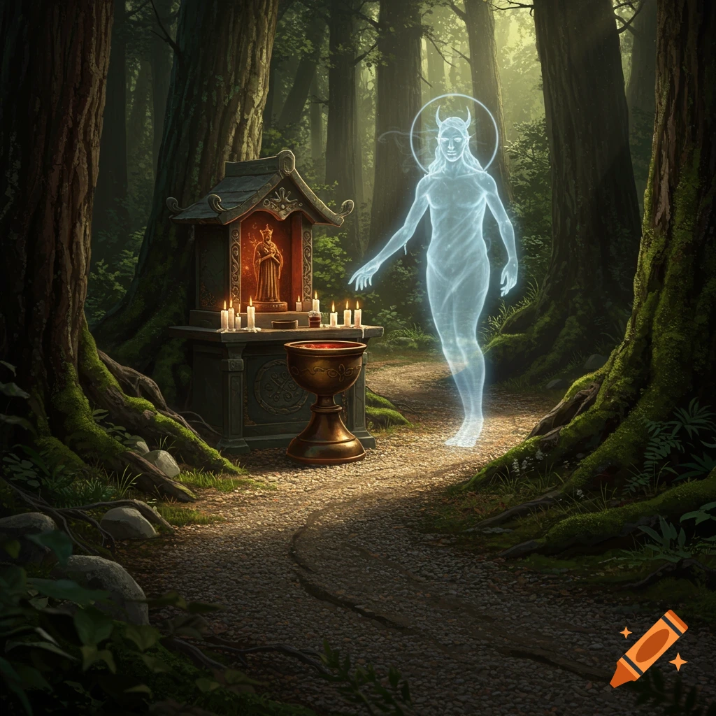 An ethereal blue spirit with horns and a halo stands on a gravel path next to a lit shrine in a dark forest, bathed in sunlight.