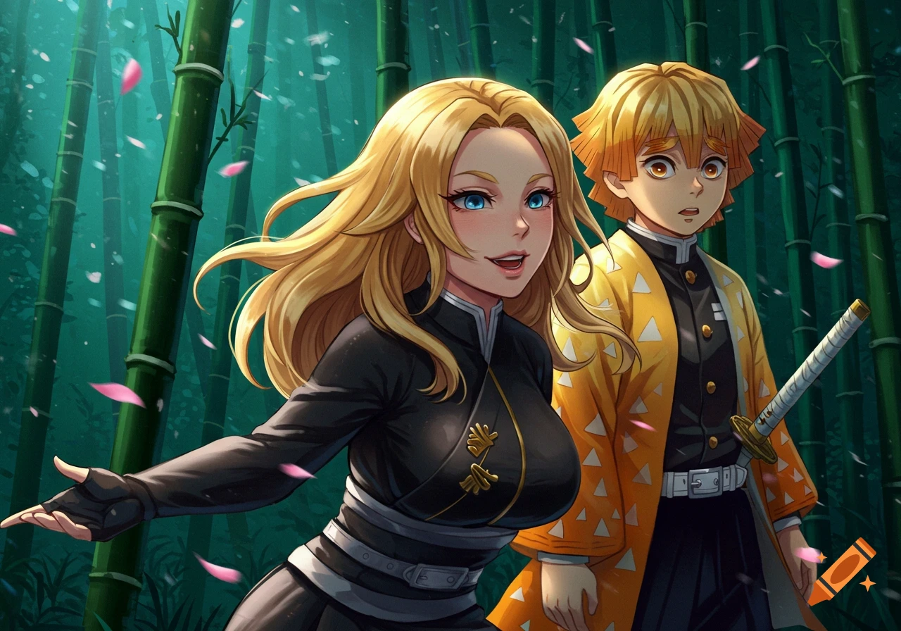 Anime woman with blonde hair smiling, teasing a surprised male character in a bamboo forest with pink petals.