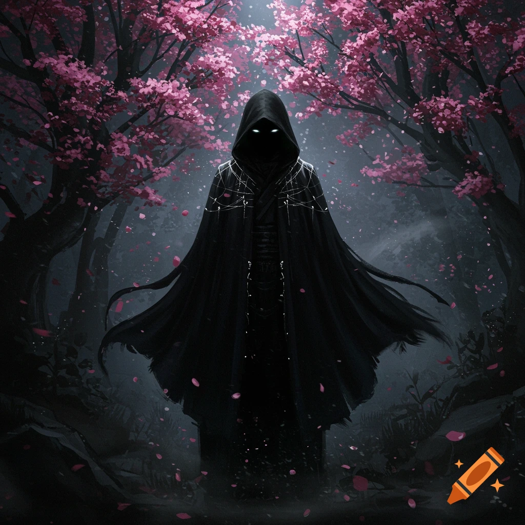 A dark hooded figure with glowing eyes stands in a cherry blossom forest with falling petals.