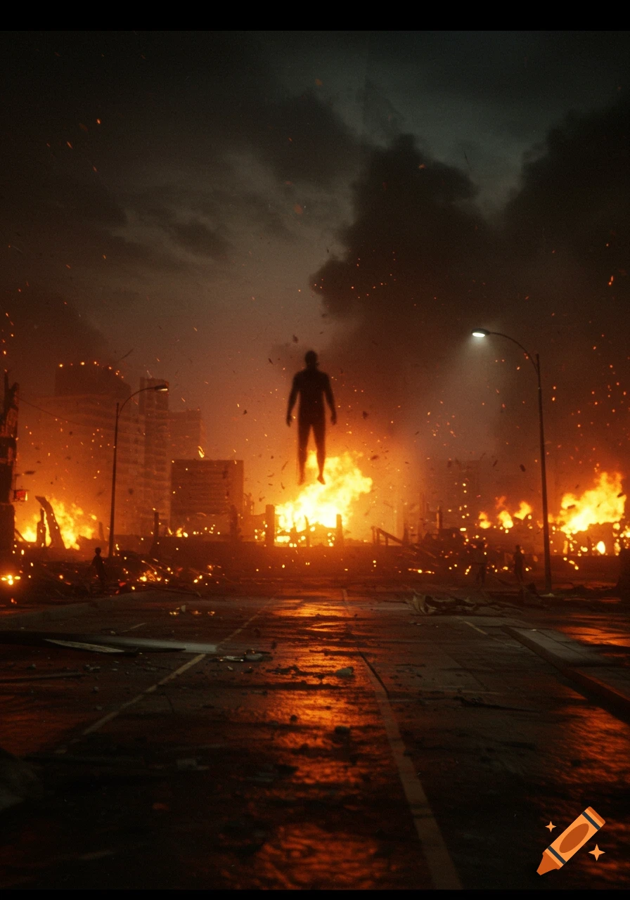A silhouette of a figure floats ominously over a cityscape engulfed in fire and destruction under a dark, cloudy sky at night.