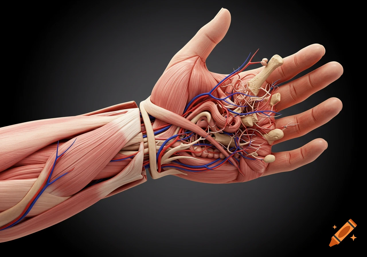 Detailed anatomical illustration of a human arm and hand, showing exposed muscles, red arteries, blue veins, and bone fragments.