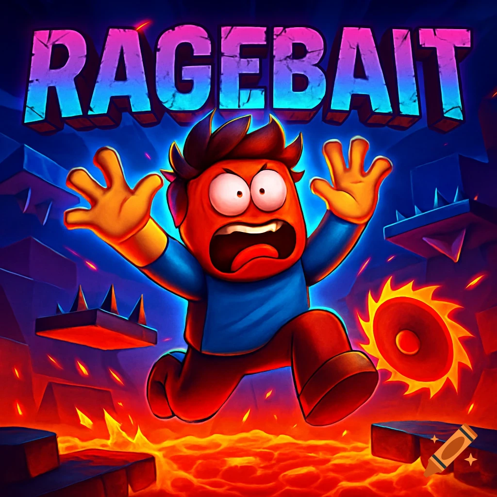 A red-faced cartoon character jumps over lava and spikes, with 'RAGEBAIT' text above, in a colorful game icon.