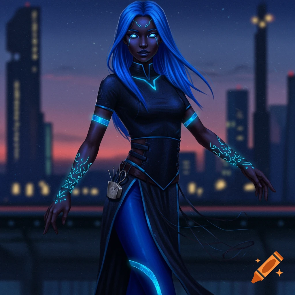 A woman with glowing blue hair and eyes stands against a city skyline at dusk, wearing a dark outfit with glowing blue accents and intricate blue patterns on her arms. Digital art.