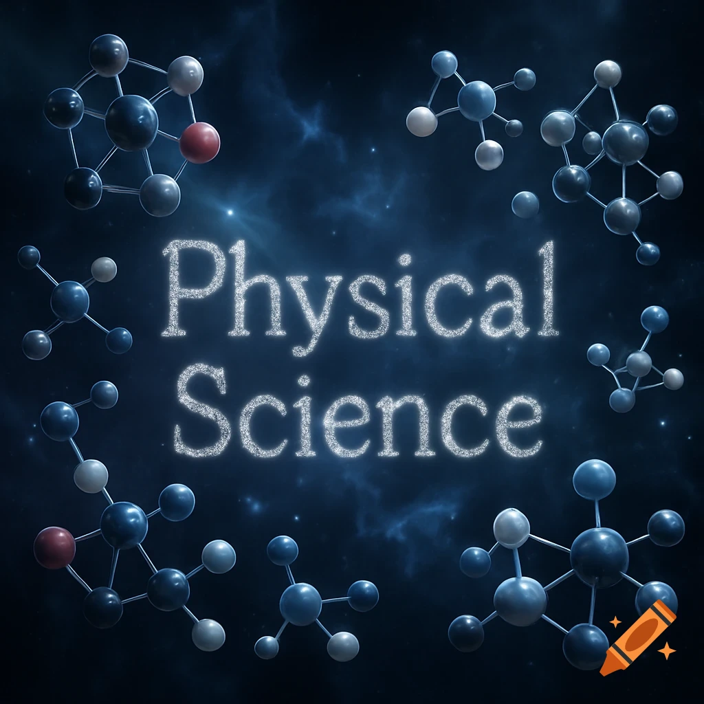 Glittery 'Physical Science' text surrounded by scientific molecules on a dark, starry background.