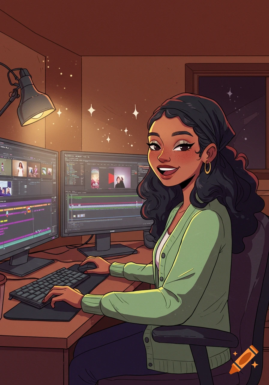 A cheerful cartoon girl with dark wavy hair and a green cardigan works at a video editing desk with two glowing screens, surrounded by subtle sparkles.