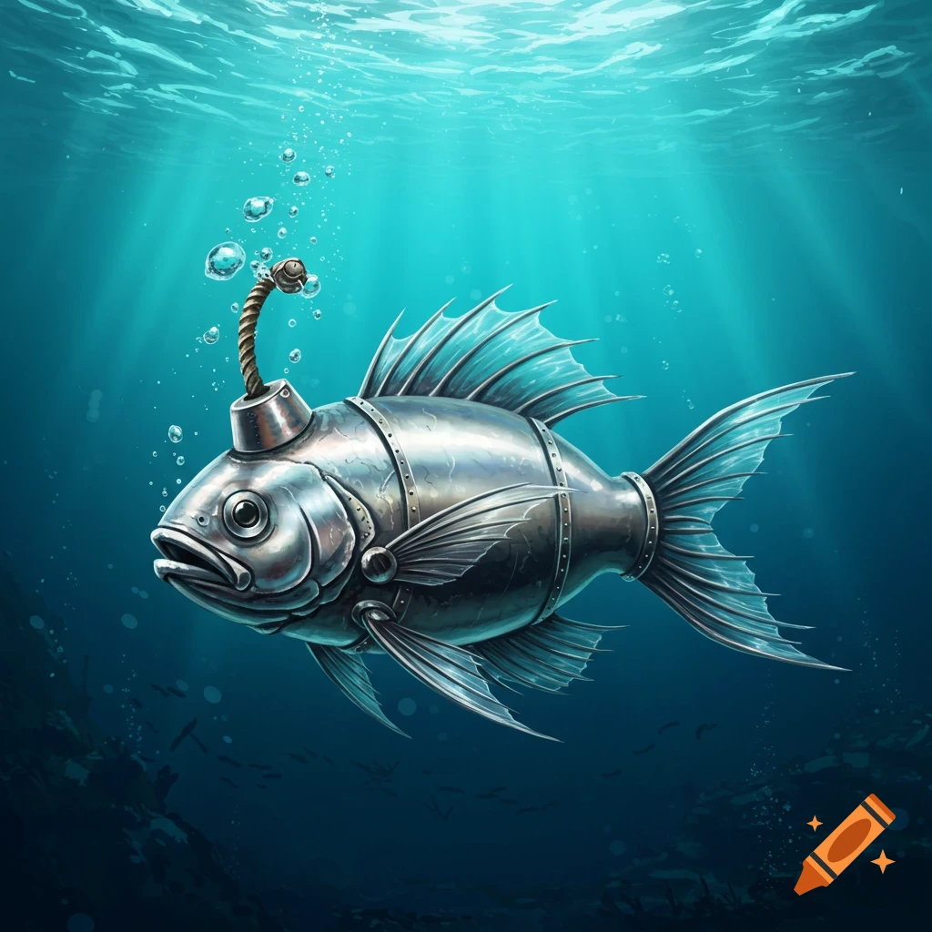 A metallic fish with a bomb-like body swims in clear blue water with sun rays filtering from above.