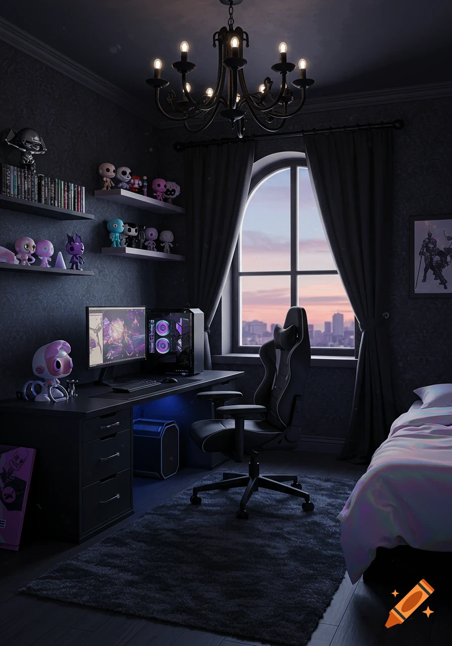 A dark, gothic-style gamer bedroom featuring a desk with multiple monitors and a PC, a gaming chair, and a bed with pastel iridescent sheets. A chandelier hangs from the ceiling, and a large arched window overlooks a city skyline at sunset.