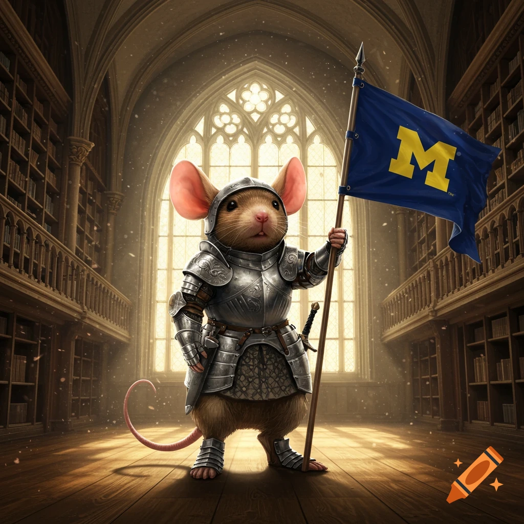 A brave mouse knight in shining armor stands in a grand library, holding a flag with a yellow 'M' symbol.