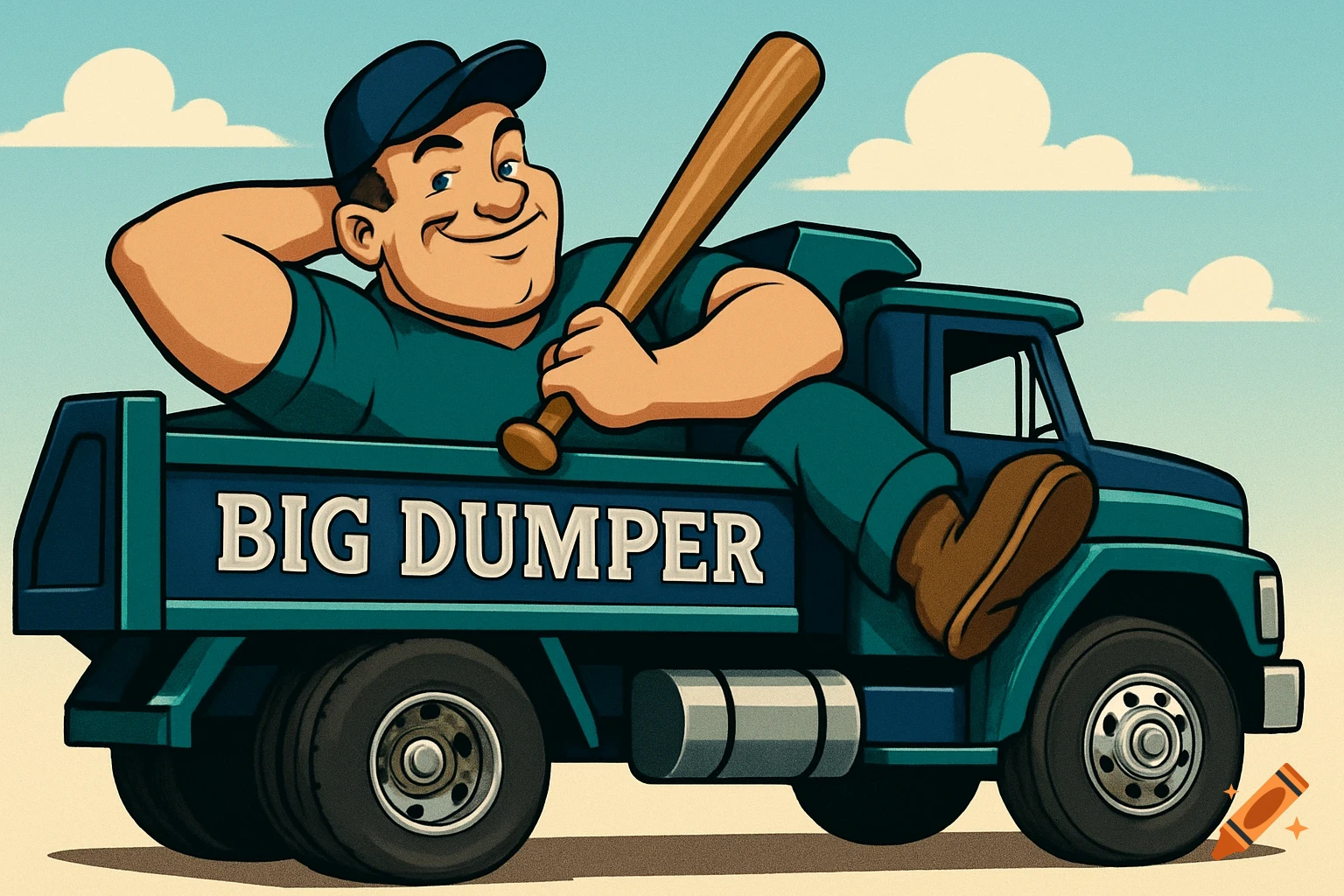 A cartoon man in a blue cap and teal shirt lies in the back of a blue and teal dump truck, holding a baseball bat. The truck has 'BIG DUMPER' on its side.