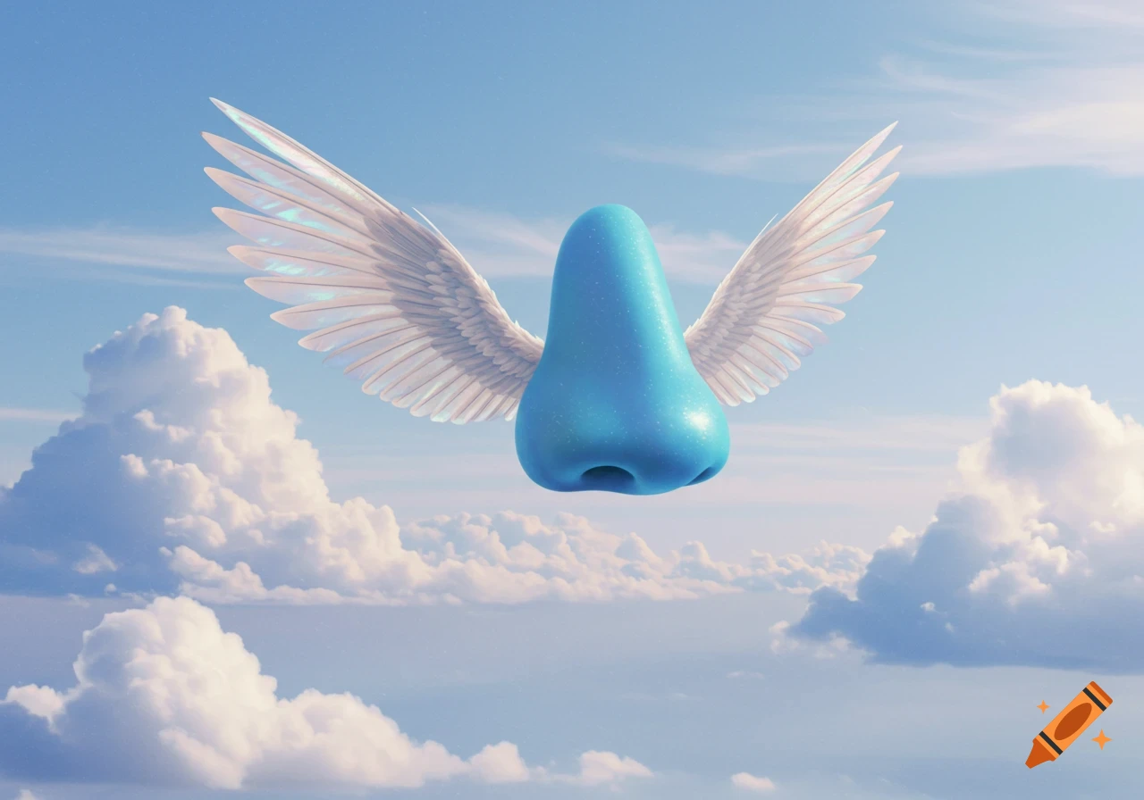 A bright blue nose with white wings flies through a clear blue sky surrounded by fluffy white clouds.
