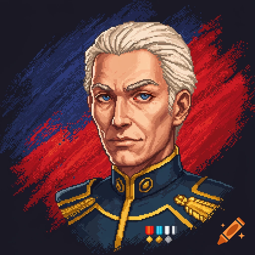 Pixel art portrait of a man with white hair and blue eyes in a dark blue military uniform with gold trim, against a red and blue abstract background.