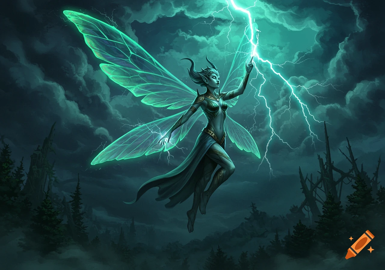 A teal-skinned fantasy fairy with glowing green wings casts a lightning bolt in a stormy, dark sky above a forest.