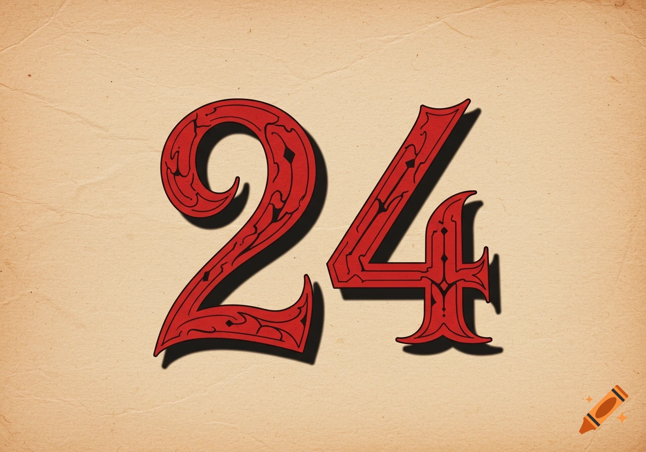 The red number 24 in a stylized, vintage tattoo script font on a textured beige background.