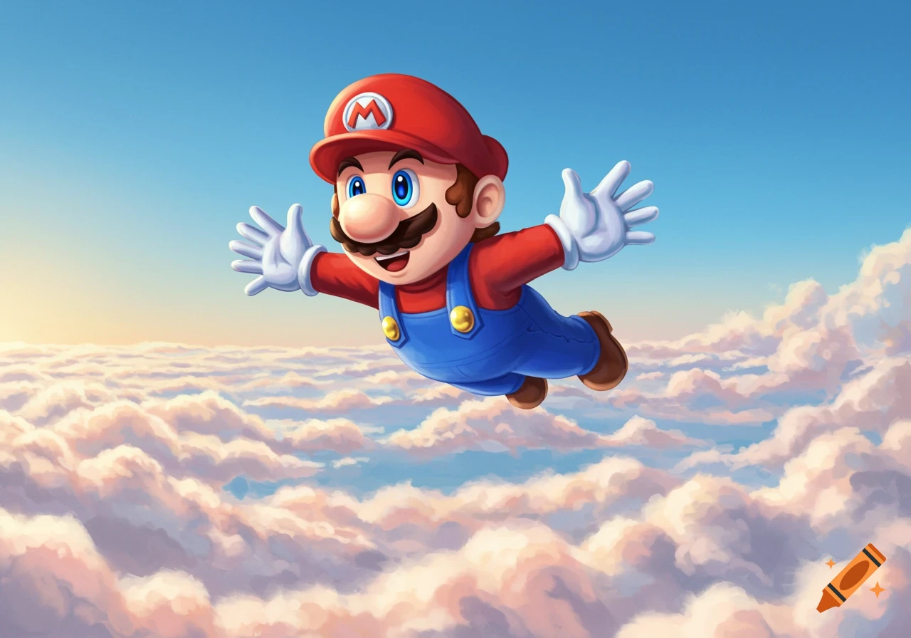Mario flying happily above soft, colorful clouds with a bright sky in a digital art style.