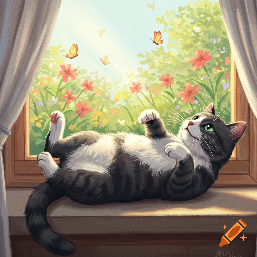 A cute grey and white cat lies belly-up on a windowsill, looking up at butterflies outside a window with colorful flowers and green foliage.