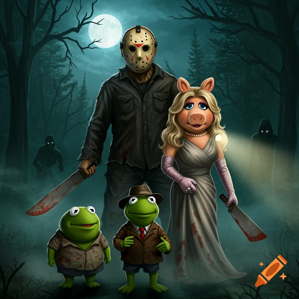 Cartoon horror illustration of Jason Voorhees, Miss Piggy, and two Kermit characters in a dark, moonlit forest, holding bloody machetes.
