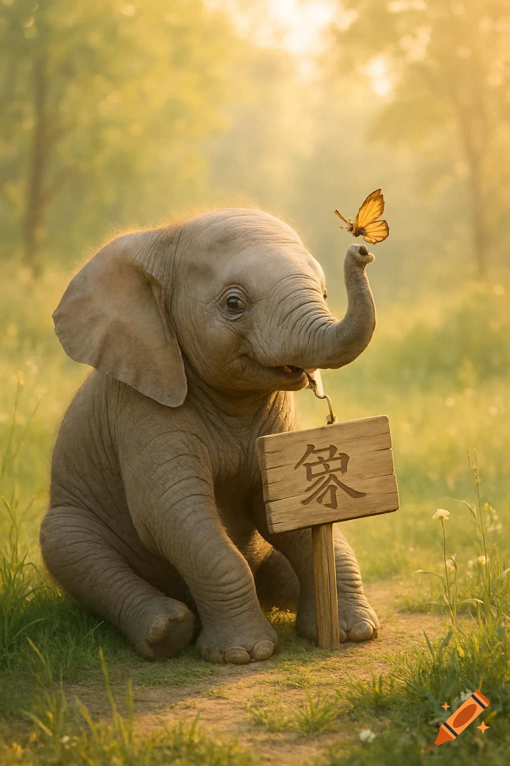 A photorealistic baby elephant sits in a sunny grassy field, a butterfly resting on its upturned trunk, holding a wooden sign with the Chinese character for 'elephant'.