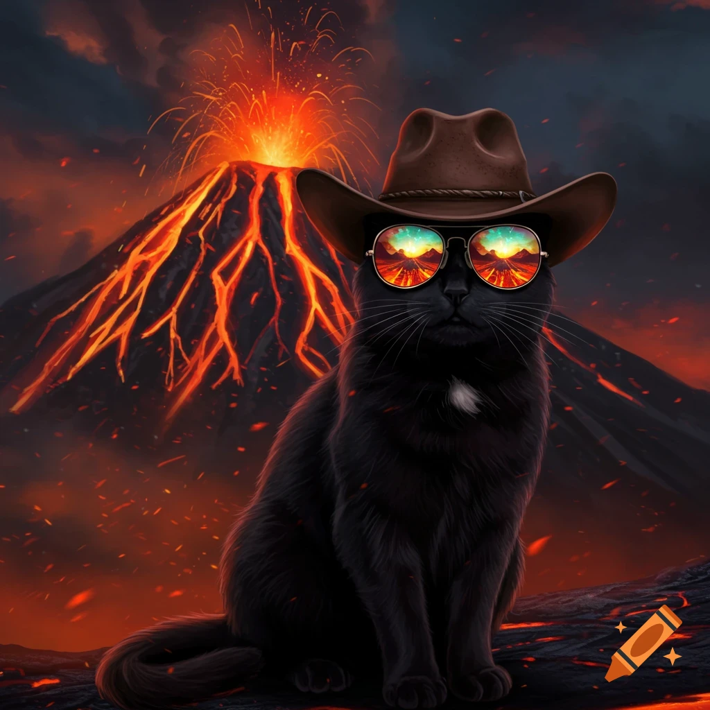 A black cat in a cowboy hat and sunglasses sits on lava rock with an erupting volcano in the background.