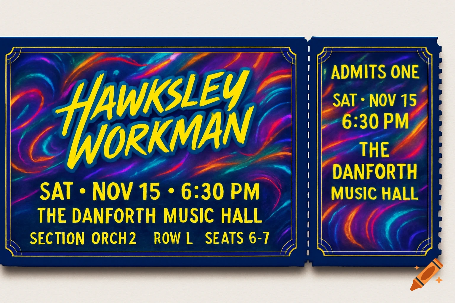 A vibrant blue concert ticket for Hawksley Workman, featuring bright neon swirl graphics and details for a show on Nov 15 at The Danforth Music Hall.