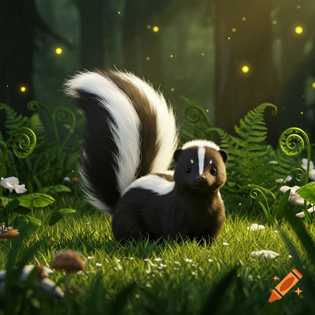 A cute black and white skunk with a bushy tail sits in a magical, lush green forest with glowing lights and ferns.