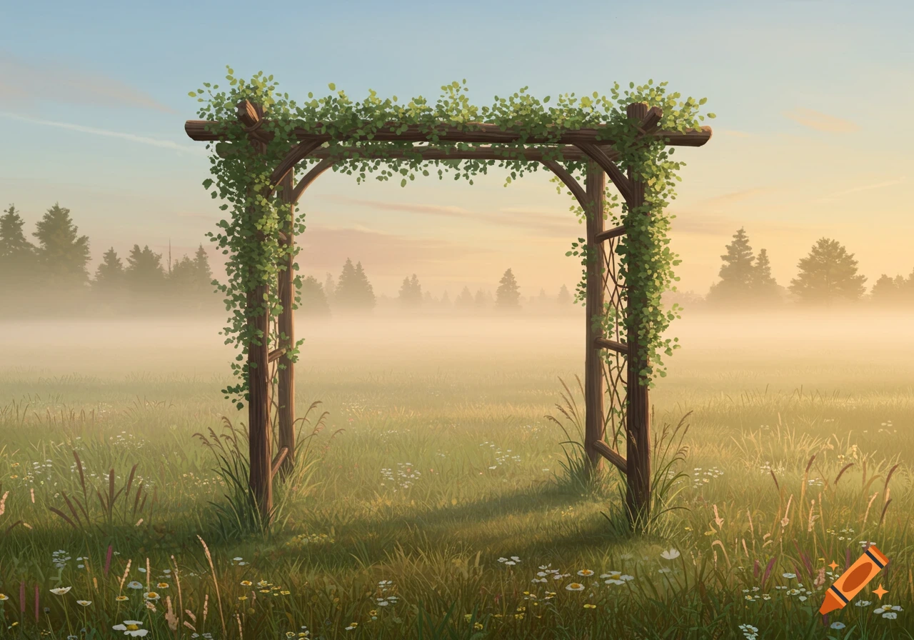 A wooden archway covered in green vines stands in a misty, sunlit field with wildflowers and distant trees.
