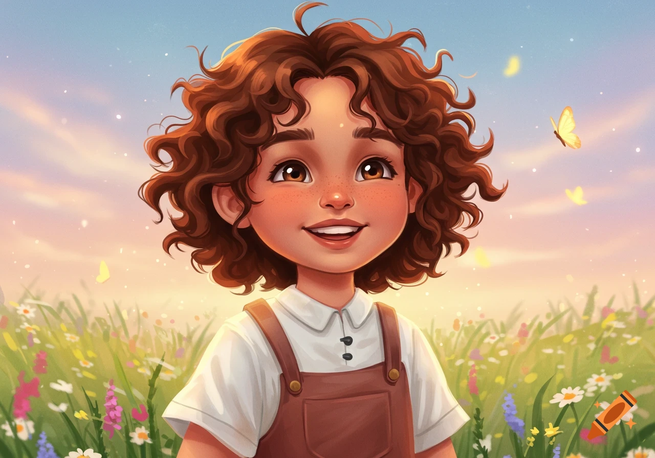 A smiling child with curly brown hair and freckles in brown overalls stands in a field of wildflowers with butterflies under a soft sky.