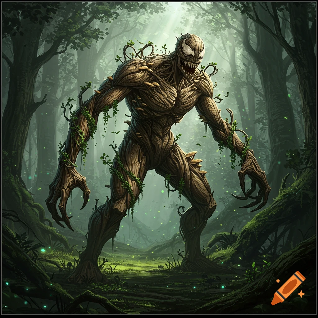A monstrous, muscular creature with tree bark skin and vines, resembling a Venom symbiote, stands in a misty, sunlit forest.