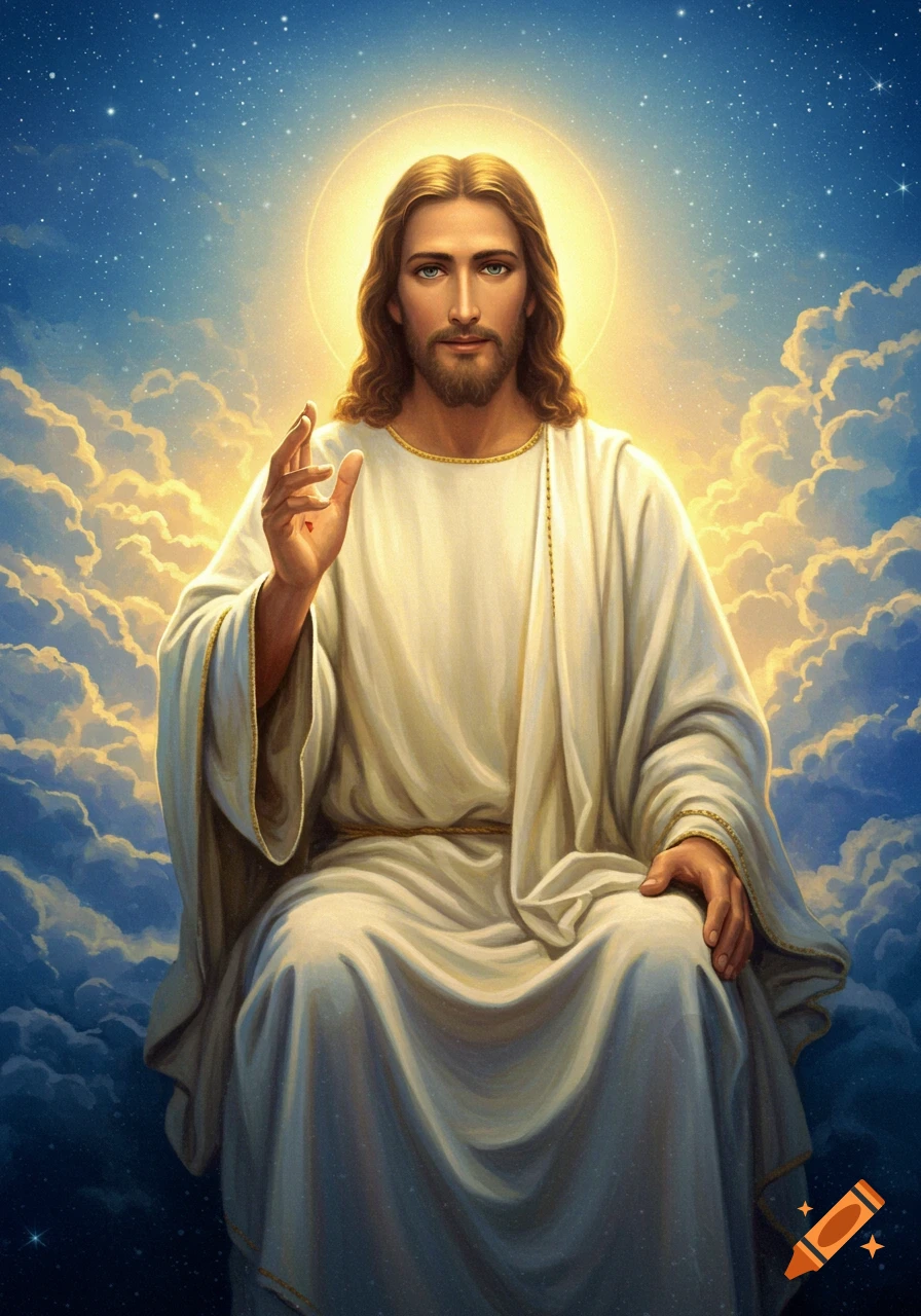 Digital painting of Jesus Christ with a halo, raising his hand, surrounded by clouds and starry blue sky.