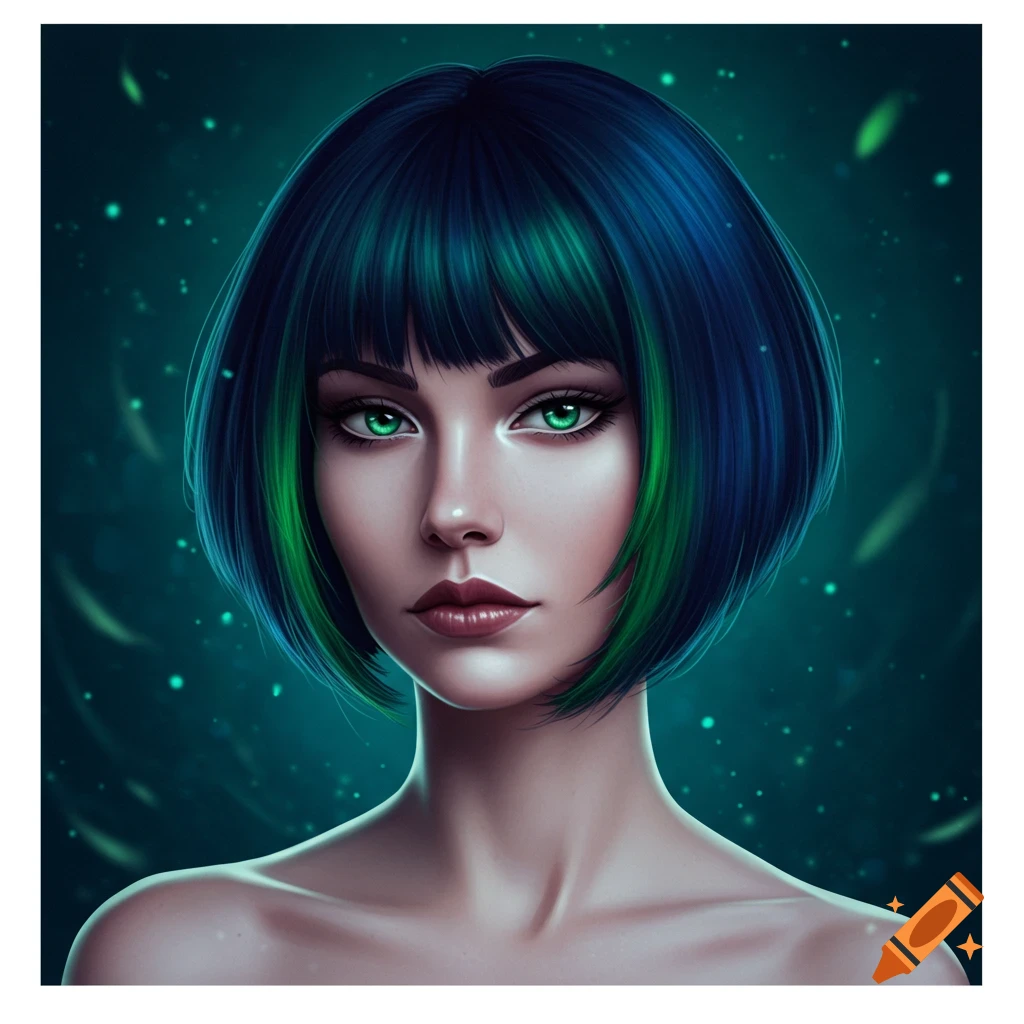 A close-up digital art portrait of a woman with short, bobbed dark blue and green hair and glowing green eyes.