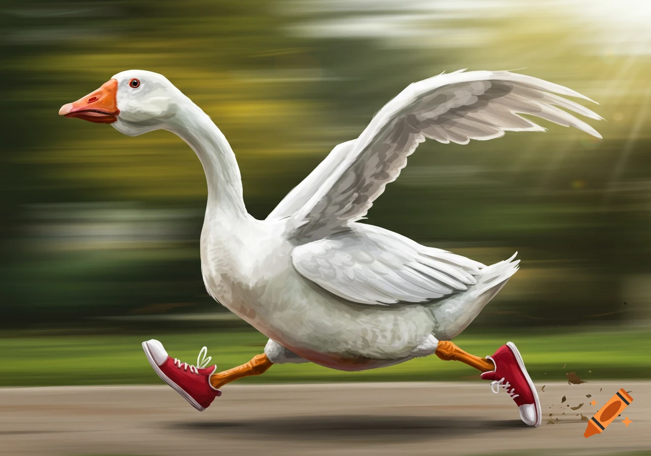 An animated white goose with red running shoes sprints forward with motion blur in the background.