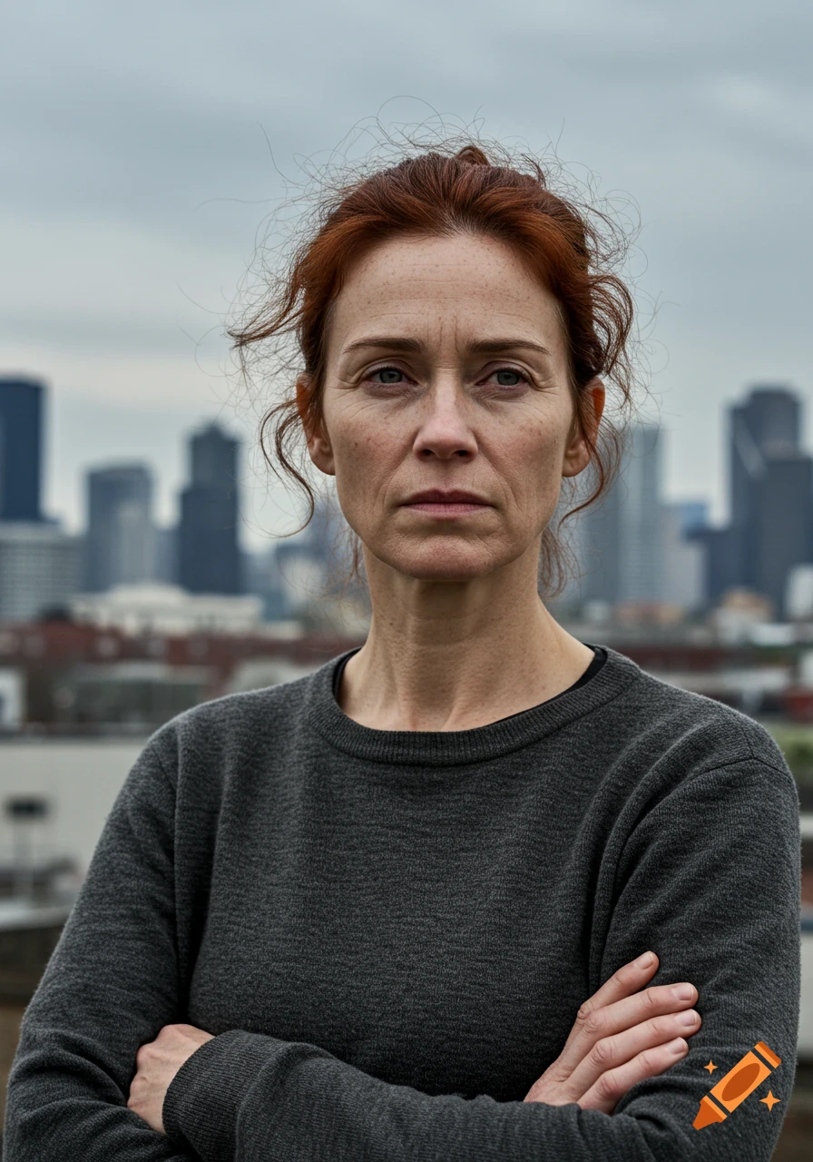 Photorealistic portrait of a serious 40s woman with red hair, arms crossed, against an urban skyline.