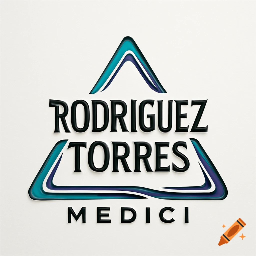 Commercial logo with black embossed 'RODRIGUEZ TORRES MEDICI' text and turquoise and purple geometric accents on white.