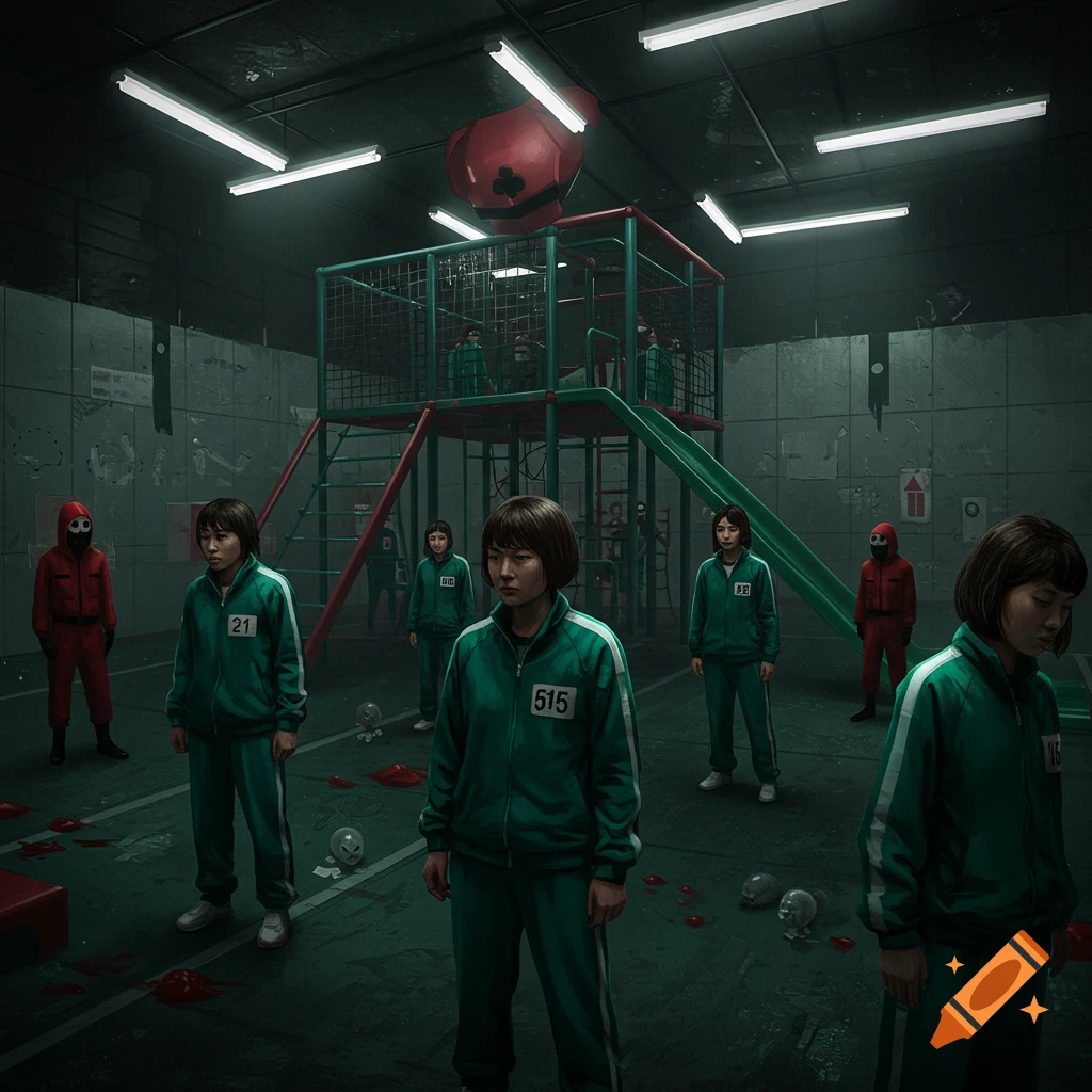 Characters from Squid Game in green tracksuits and red-suited guards stand in a dimly lit, concrete room with a playground structure and scattered bloodstains and broken doll heads.
