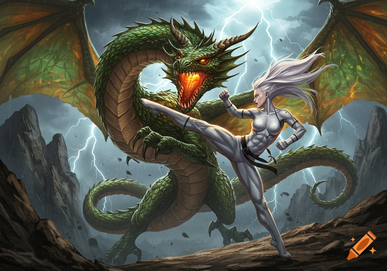 White-haired female warrior delivers a roundhouse kick to a green dragon in a stormy, lightning-filled landscape.