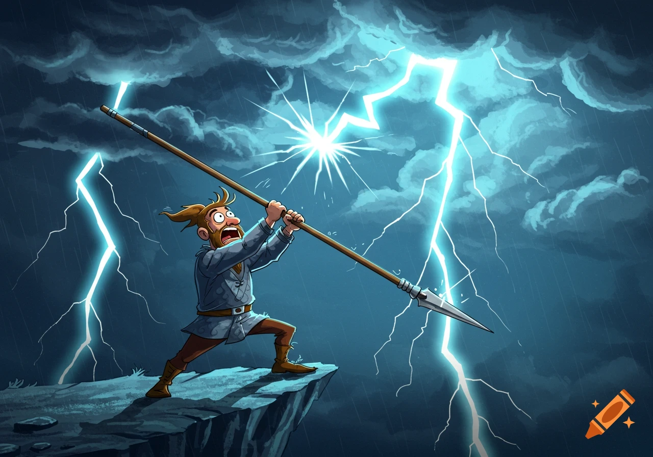 A cartoon man holding a long pike aloft on a cliff edge, looking surprised as lightning strikes around him in a dark storm.