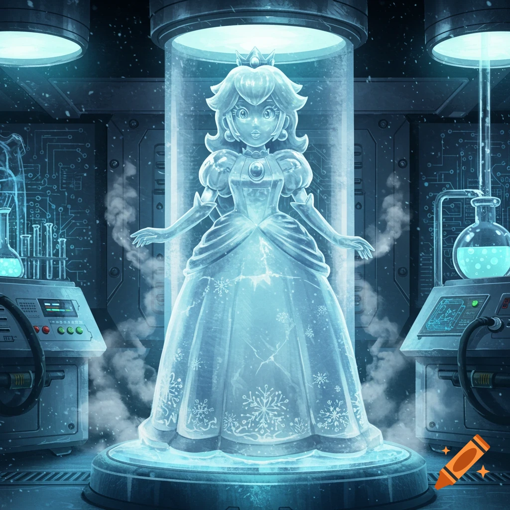 Princess Peach as a translucent blue ice statue, adorned with snowflakes, standing upright in a futuristic, dimly lit laboratory with glowing equipment and circuits.